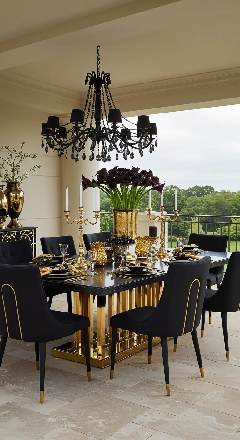 Table à manger extérieure noire et or avec chaises assorties, lustre et compositions florales.