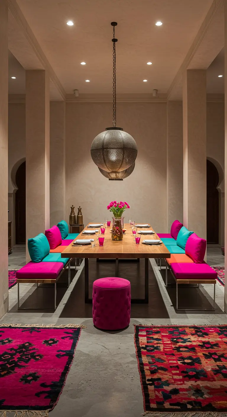 Salle à manger moderne avec longue table en bois, coussins fuchsia et turquoise, tapis berbères.