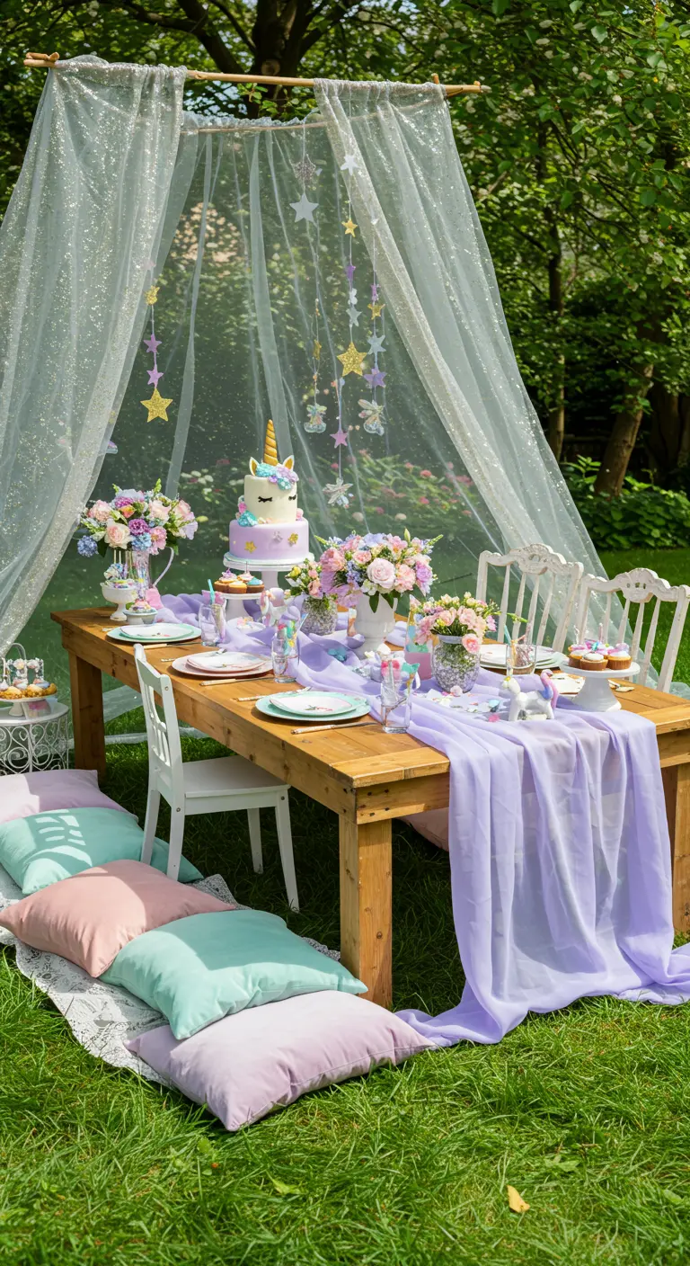 Table d'anniversaire licorne en extérieur sous un voile pailleté avec coussins pastel.