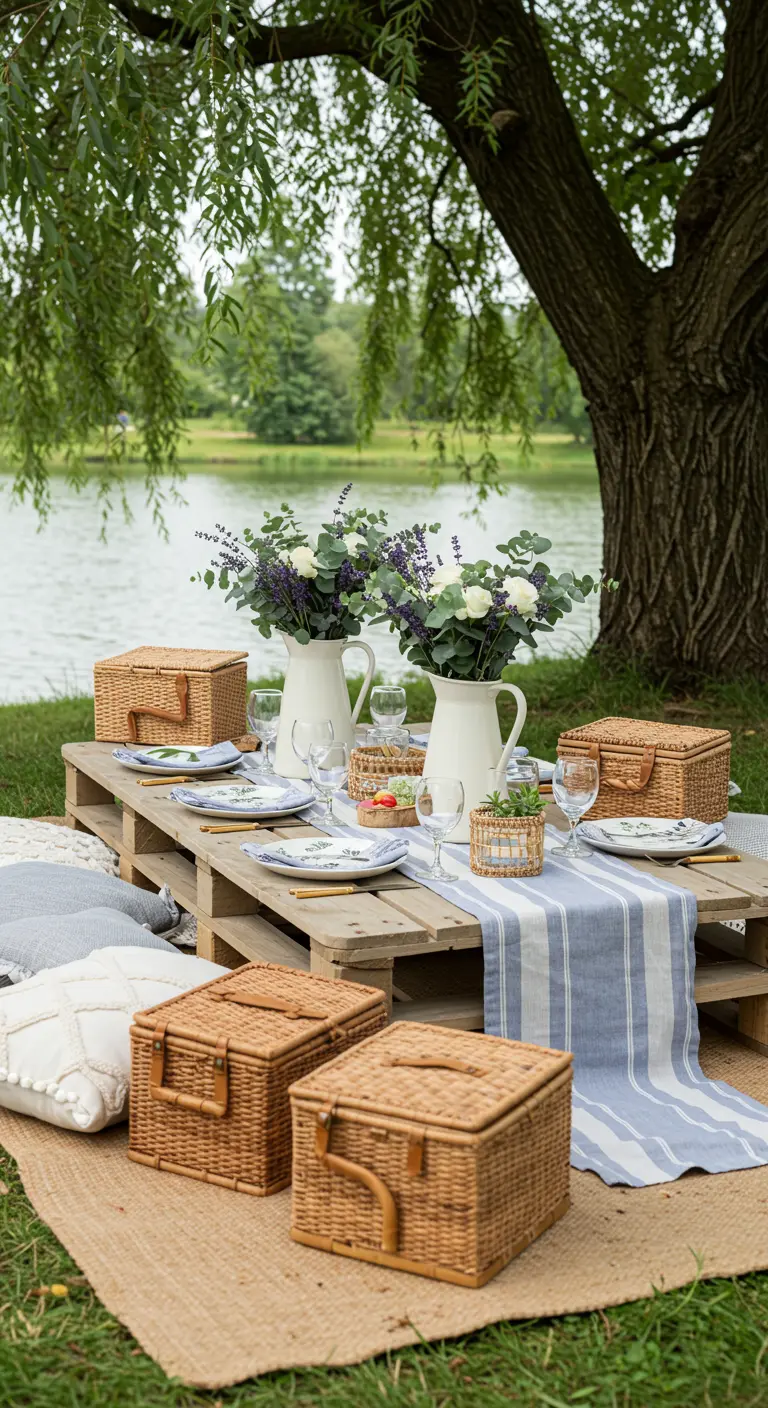 Pique-nique au bord de l'eau avec table basse en palettes, chemin de table rayé et bouquets fleuris.