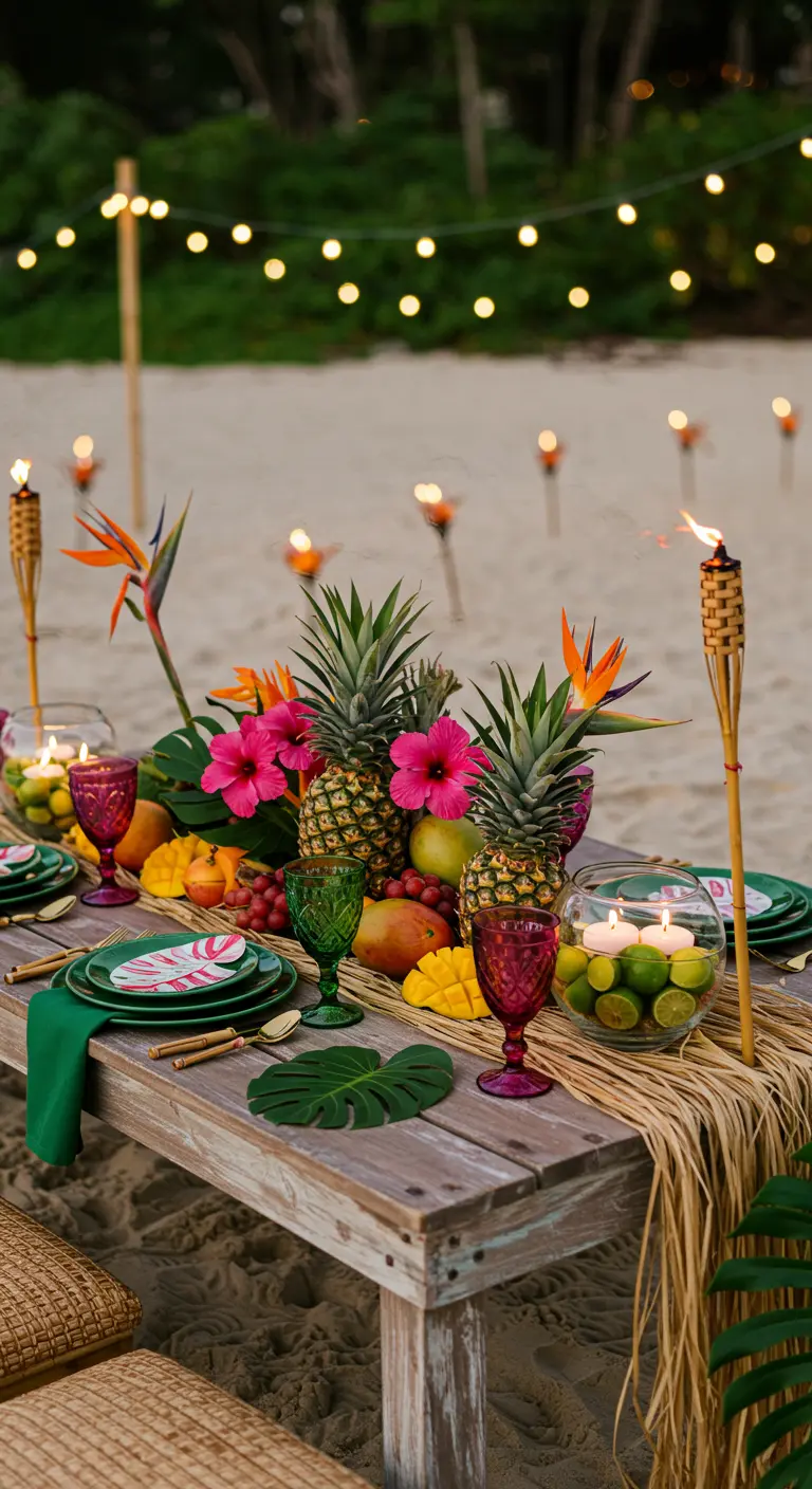 Table de plage avec nappe en raphia, ananas, fleurs exotiques, fruits colorés et torches tiki.