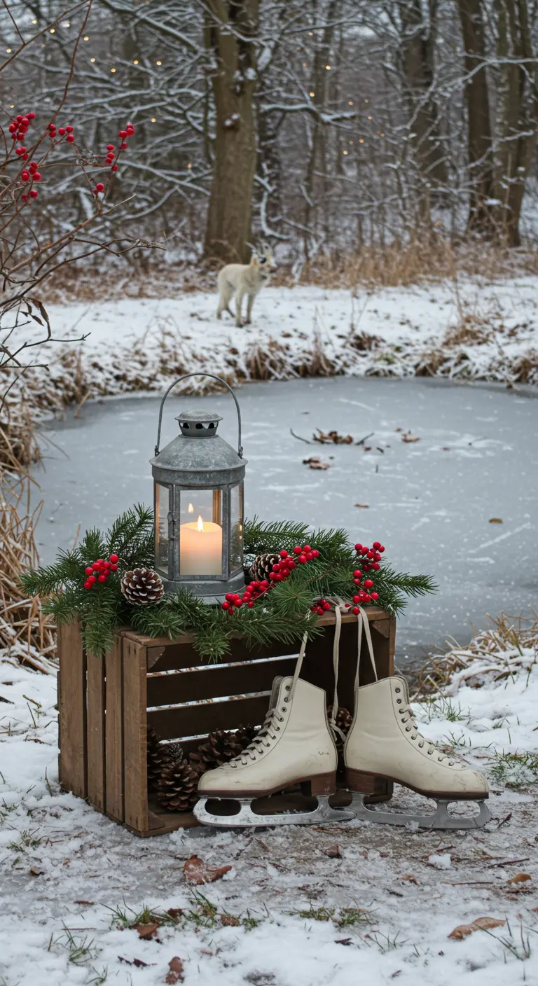 Caisse en bois avec lanterne, baies rouges et une paire de patins à glace près d'un étang gelé.