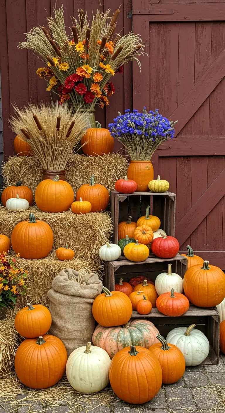 Scène de récolte traditionnelle avec bottes de paille, citrouilles et bouquets de blé.