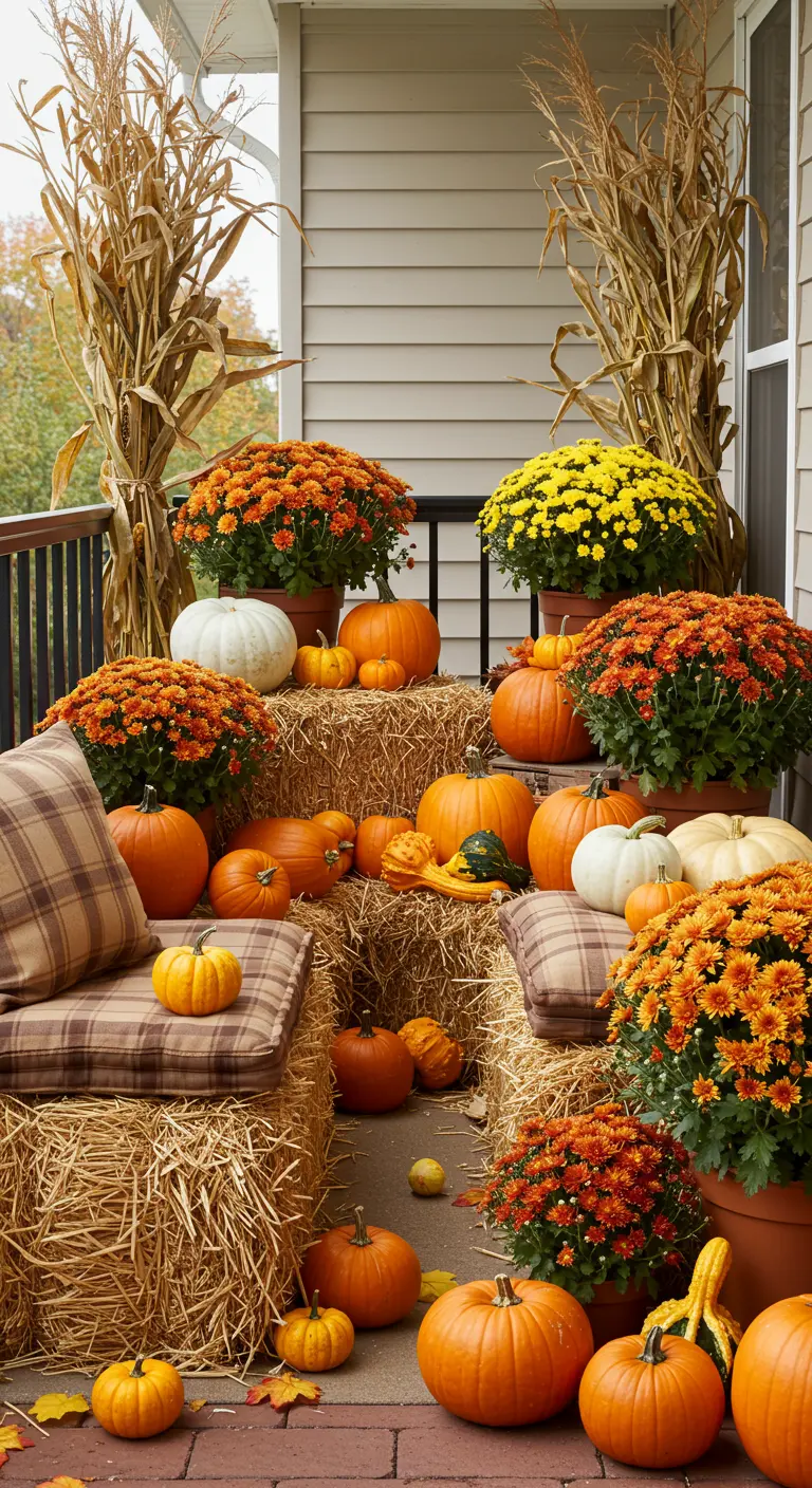 Balcon décoré pour l'automne avec des bottes de paille, des citrouilles et des chrysanthèmes.
