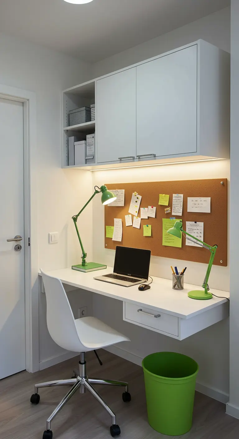 Bureau blanc avec grand tableau en liège, rangements suspendus et lampes vertes vives