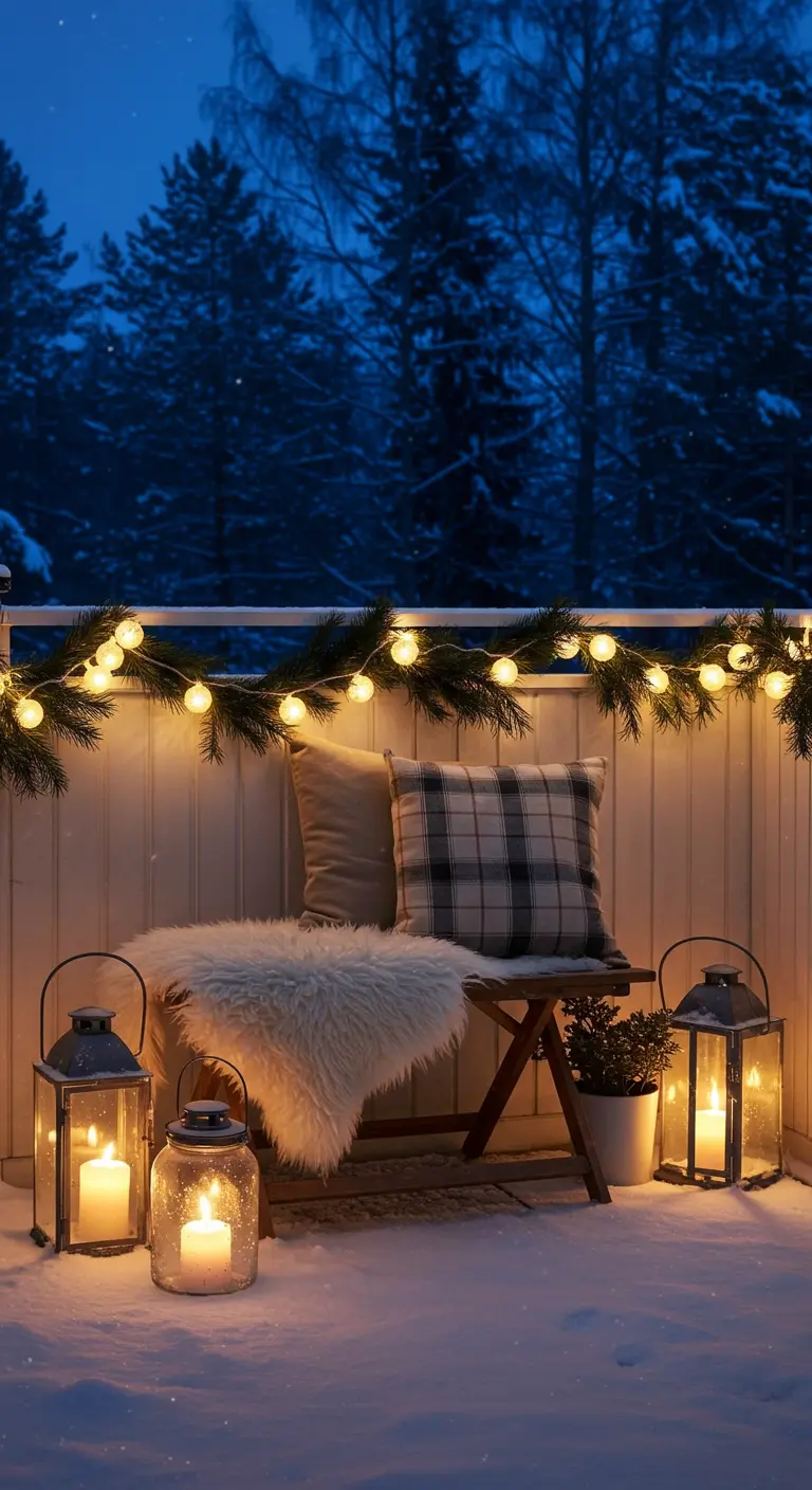 Balcon enneigé avec lanternes, guirlande lumineuse et plaid.