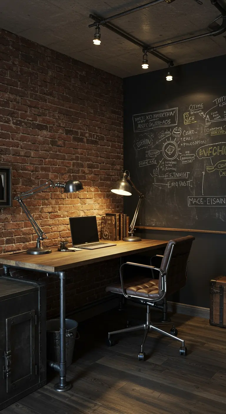 Bureau industriel avec mur en briques apparentes et grand tableau noir à craie