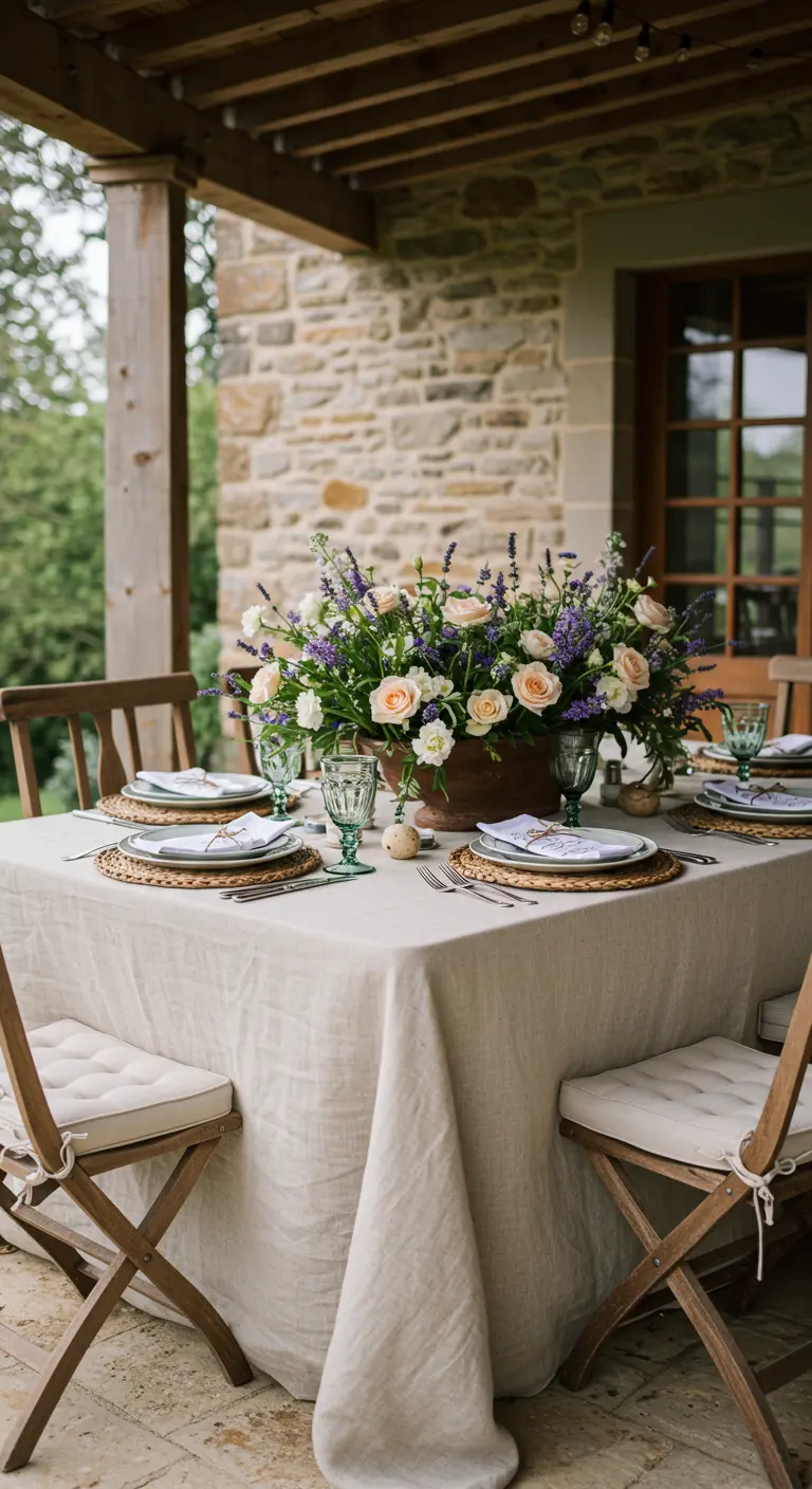 Centre de table bas avec roses et lavande sur une table extérieure en pierre.