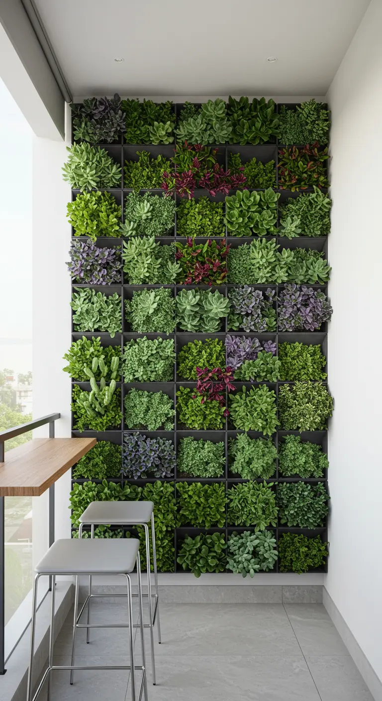 Mur végétal composé de carrés remplis de diverses succulentes et plantes grasses.