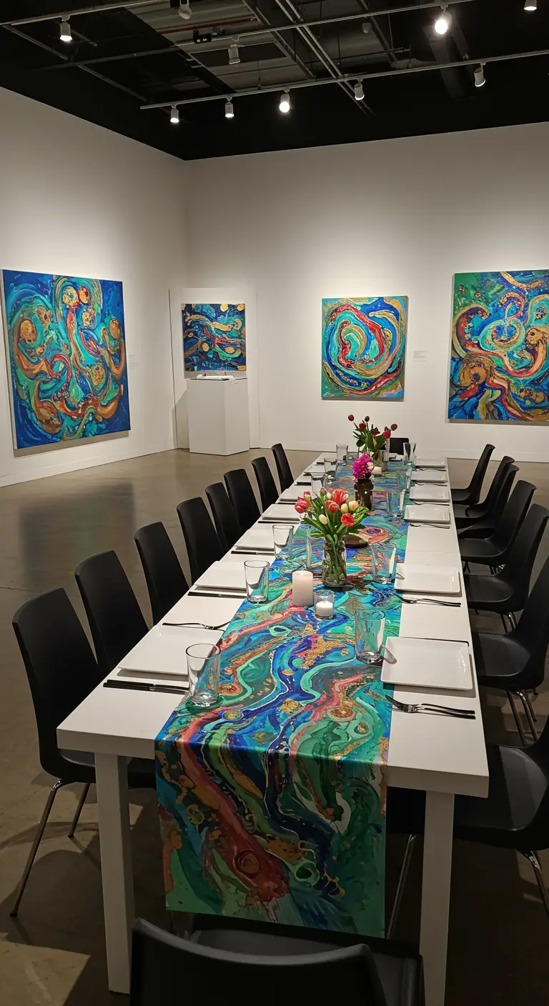 Longue table dans une galerie d'art avec un chemin de table abstrait et coloré.