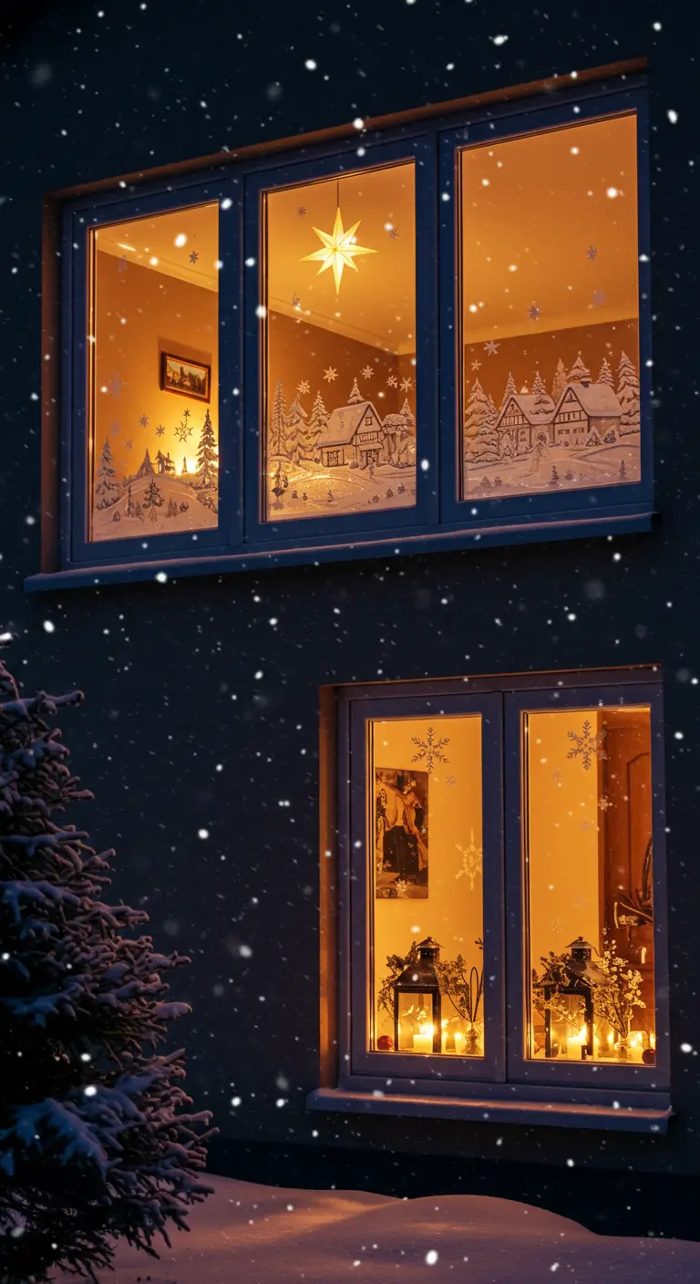 Fenêtres de maison décorées pour Noël, vues de l'extérieur la nuit sous la neige.