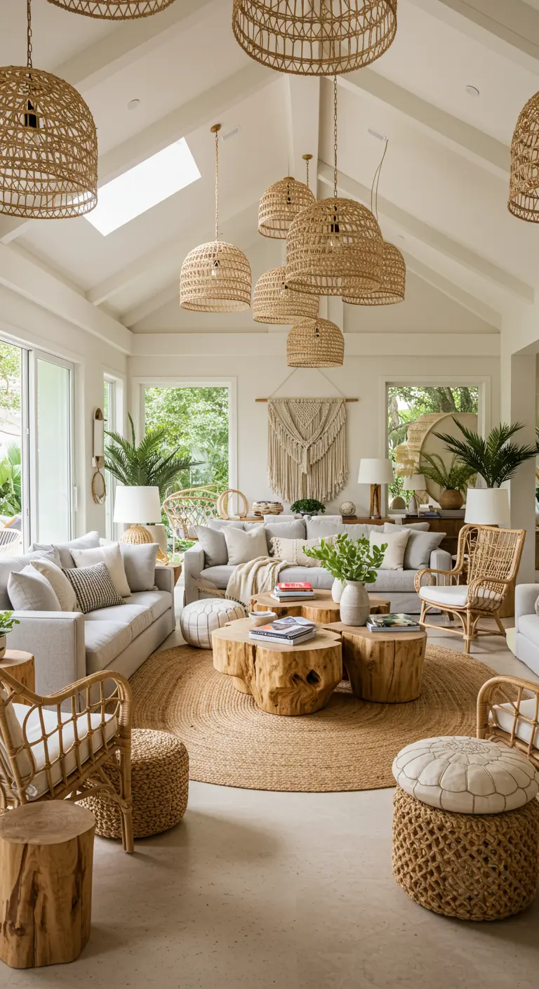 Grand salon bohème avec plusieurs canapés gris, des tables basses organiques en bois et de nombreuses suspensions en rotin.