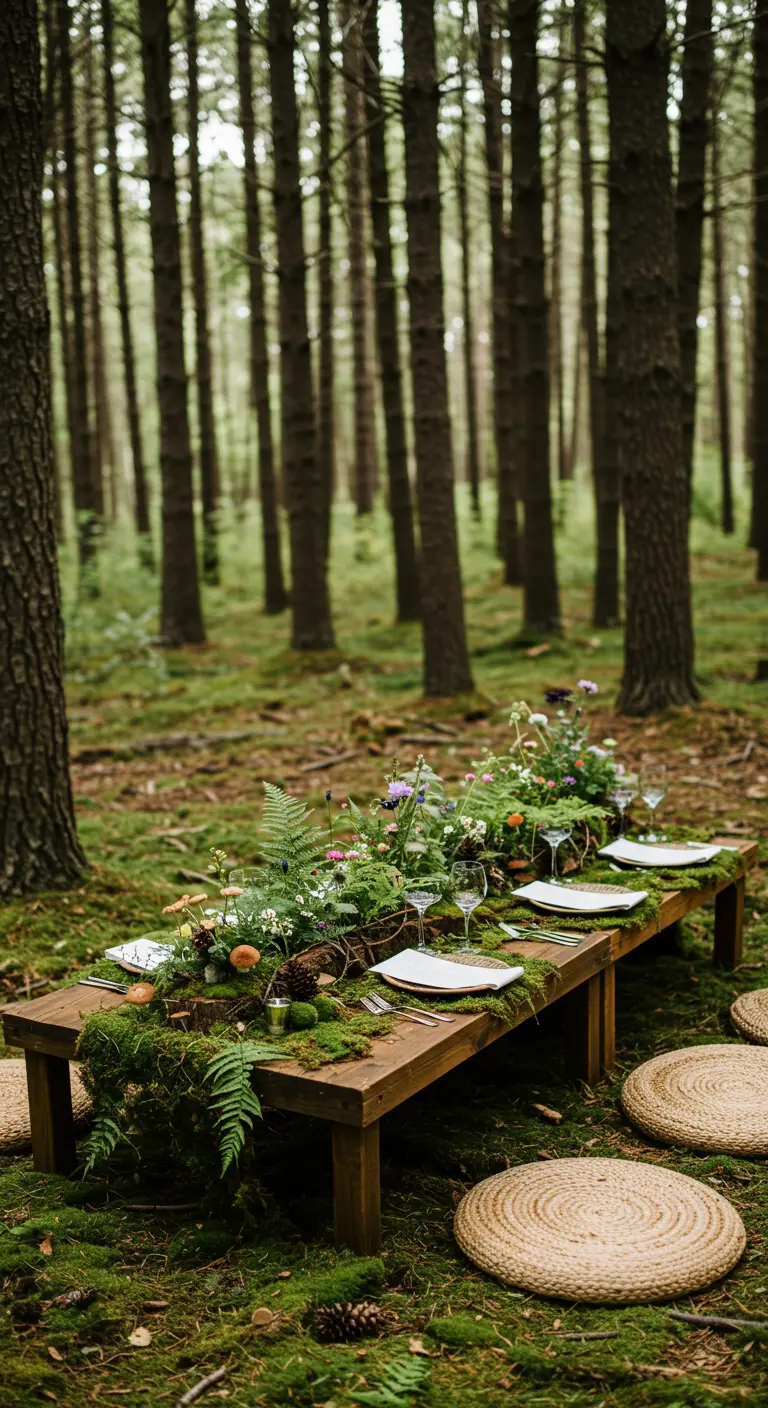 Table en bois dans la forêt avec un chemin de table fait de mousse et de fleurs sauvages.