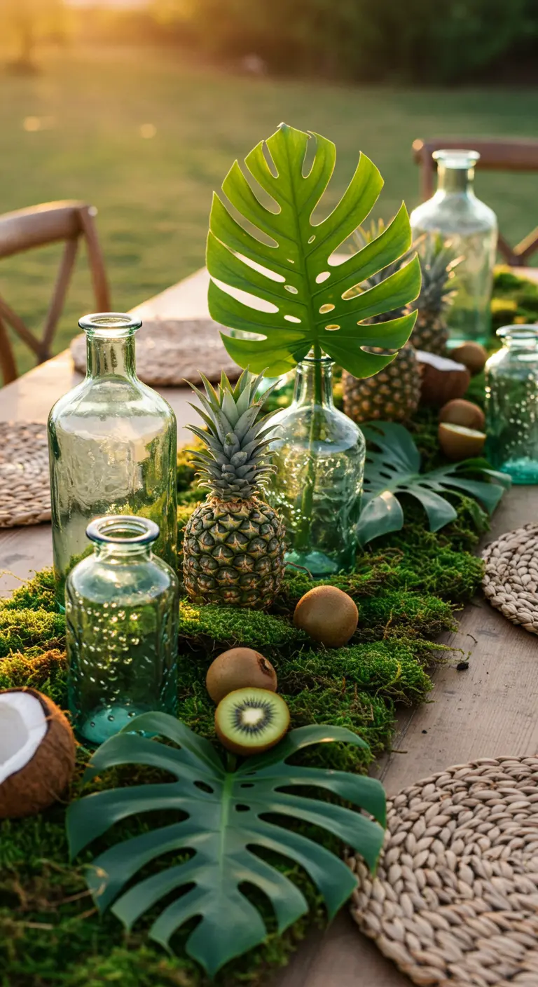 Chemin de table en mousse avec ananas, noix de coco, kiwis et bouteilles en verre.