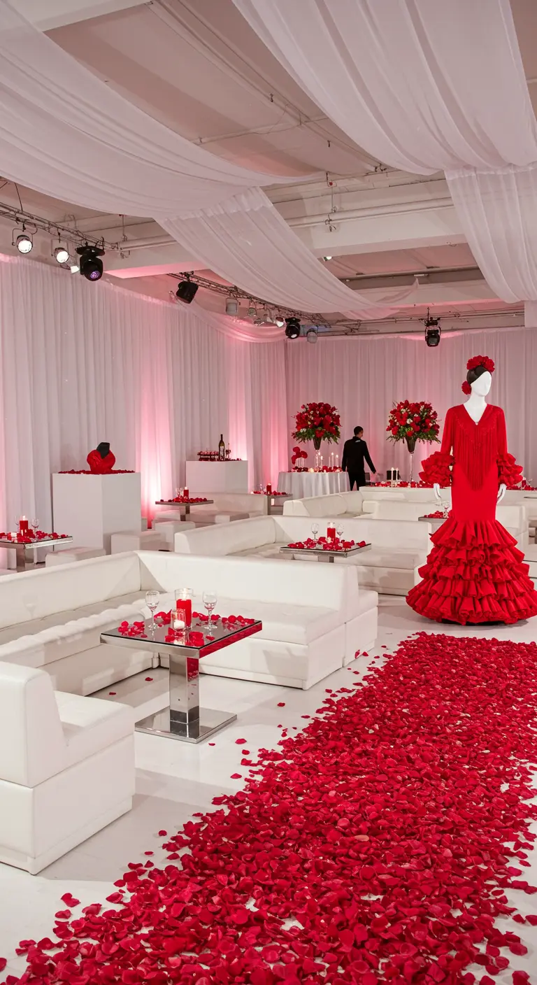 Salon lounge blanc avec un chemin de pétales de roses rouges au sol.