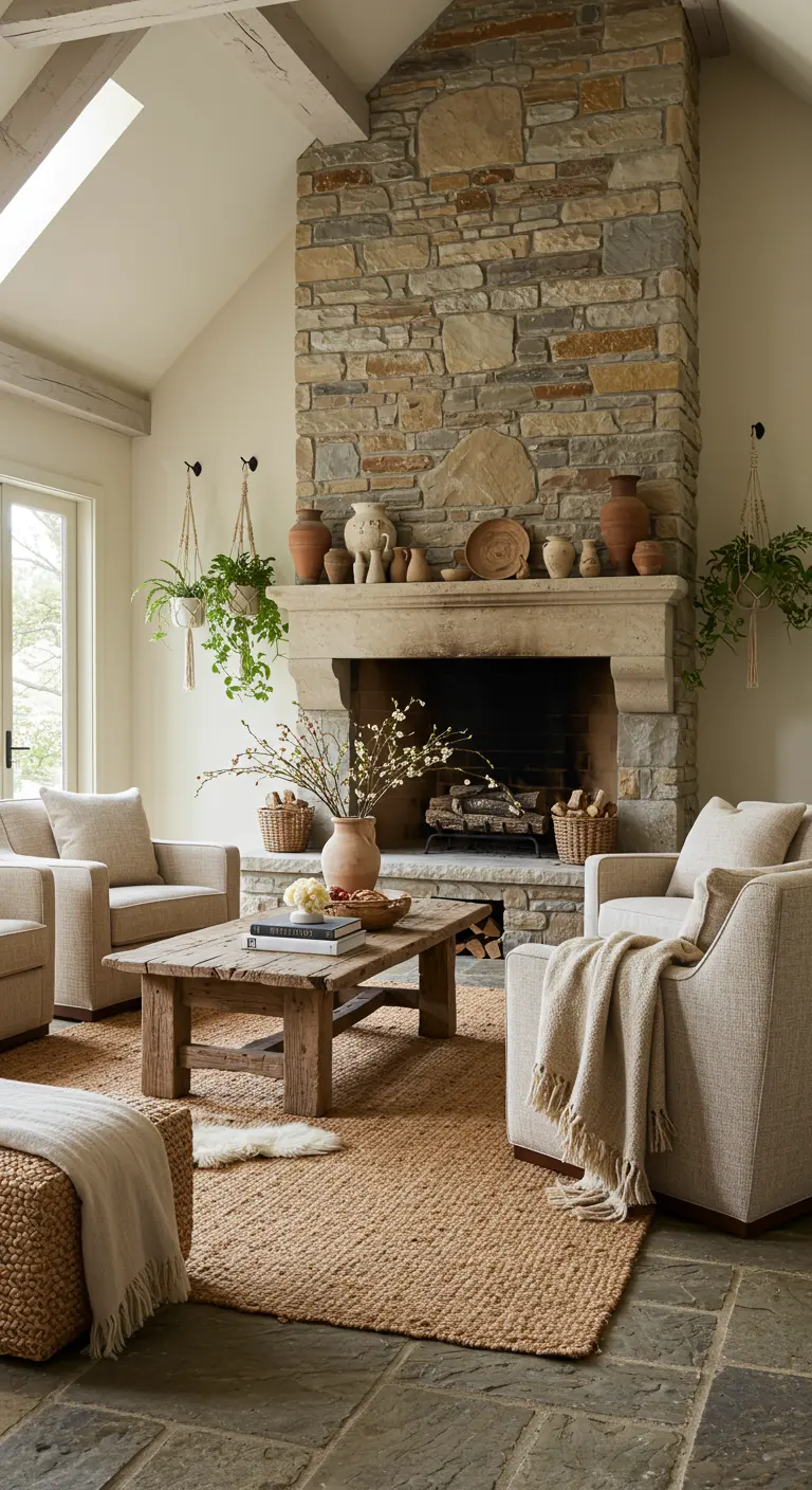 Salon rustique avec cheminée en pierre, canapés beiges, table basse en bois massif et grand tapis en jute.
