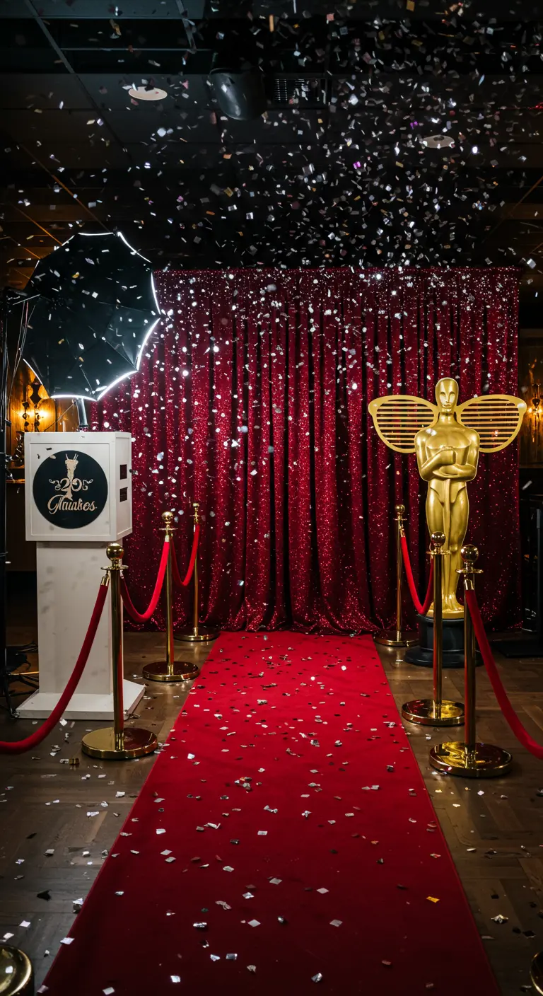 Photobooth Hollywood avec tapis rouge, statue d'Oscar, rideau pailleté rouge et confettis.
