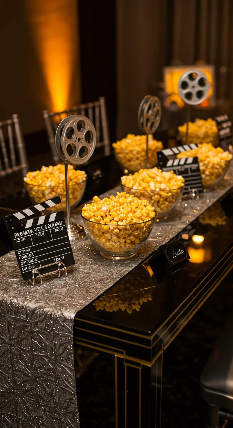 Table élégante avec chemin de table pailleté, clapperboards et bols de pop-corn doré.