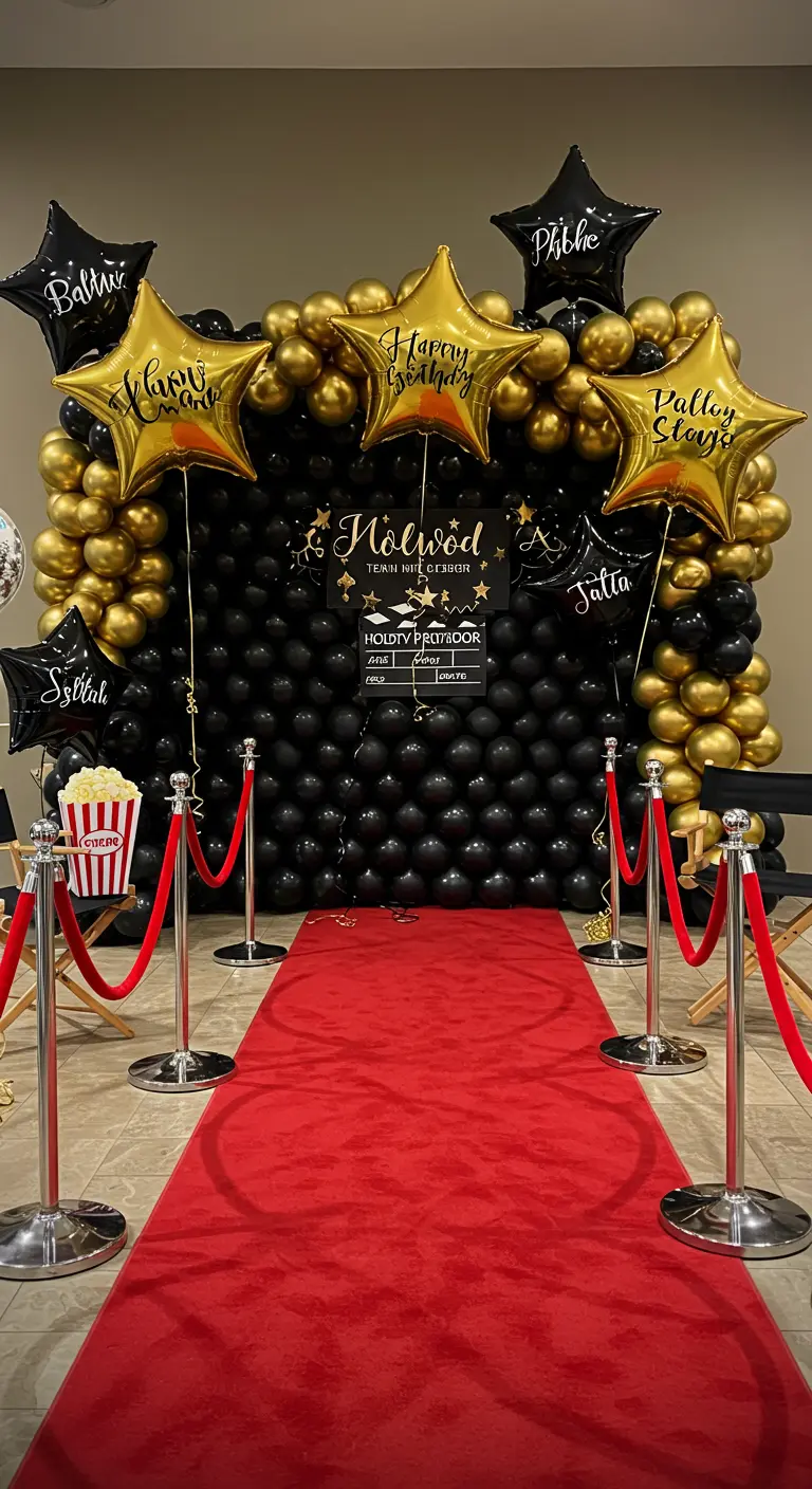 Mur de ballons noir et or avec des étoiles et un tapis rouge pour une fête Hollywood.