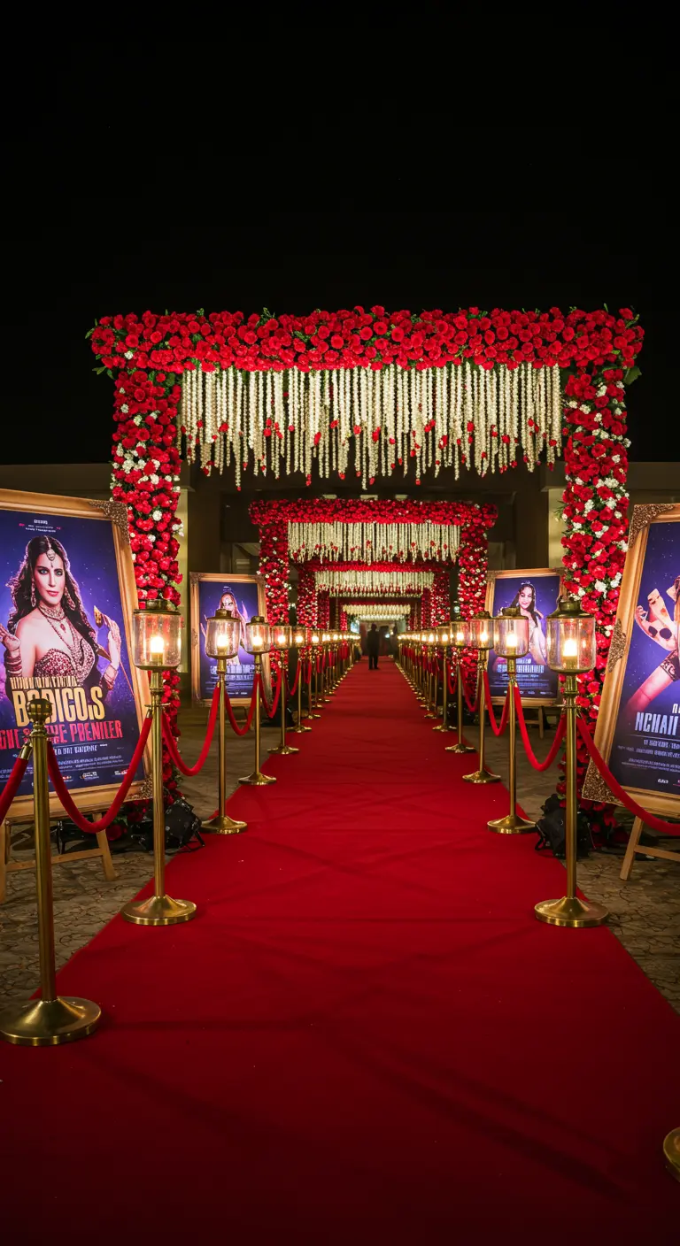 Entrée avec tapis rouge, arche de fleurs rouges et affiches de style Bollywood.