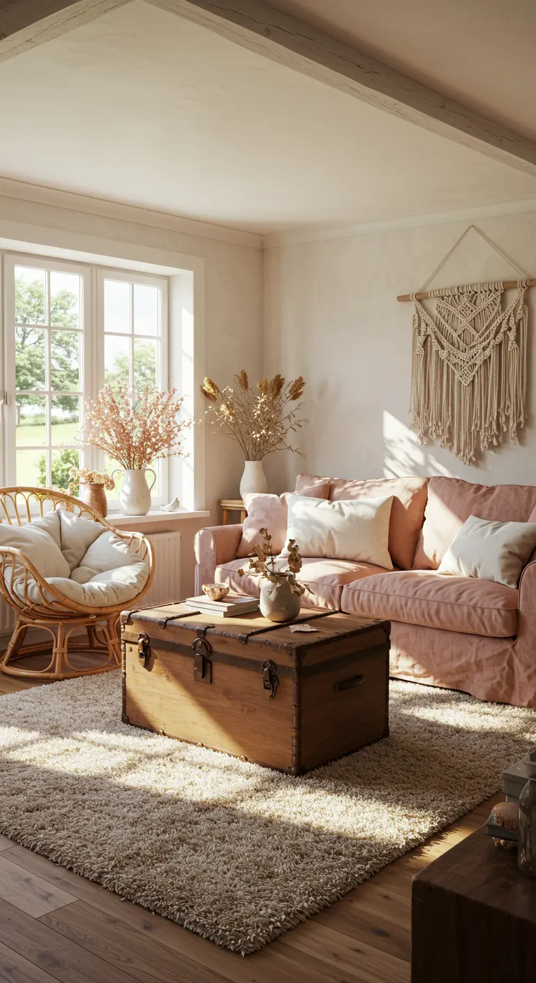 Salon bohème avec canapé rose pâle, tapis shaggy épais, et table basse coffre en bois vieilli.