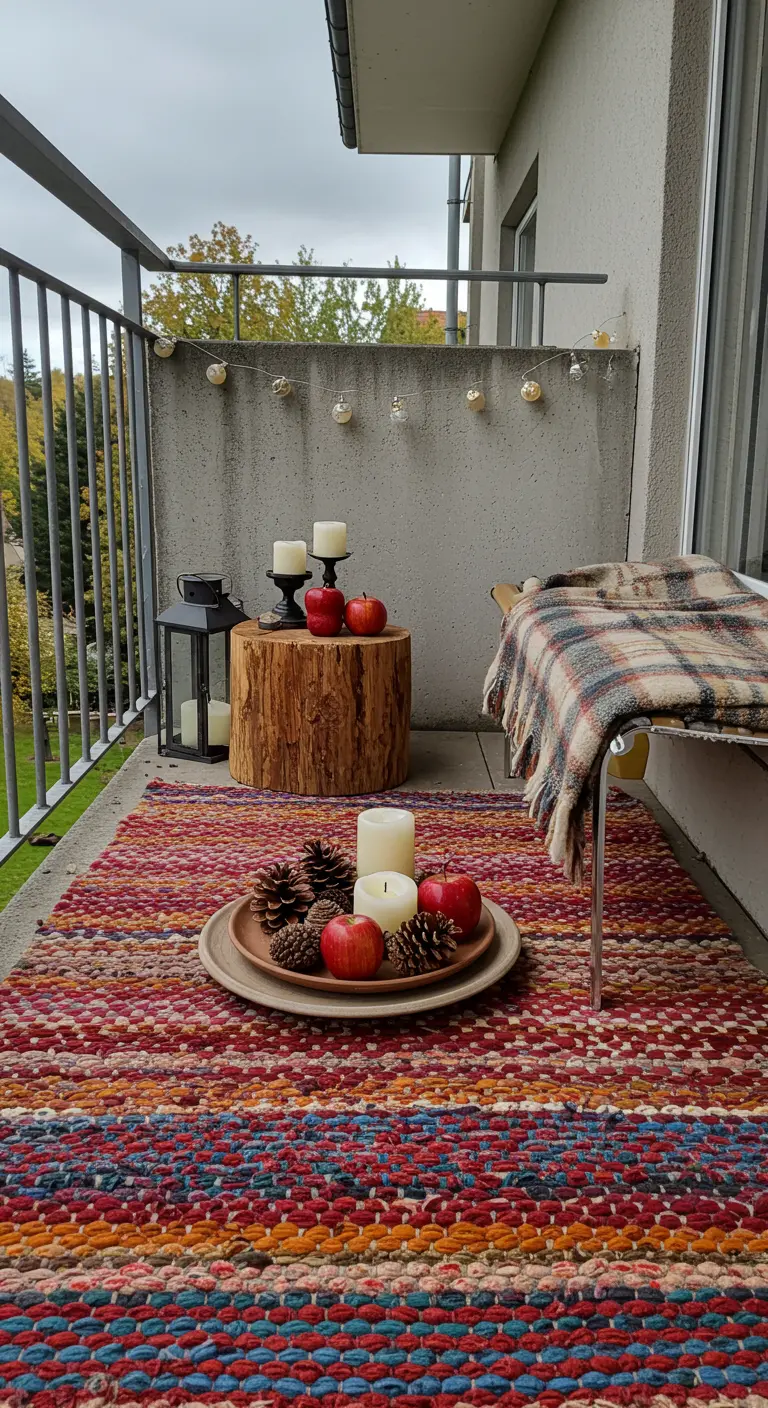 Coin balcon avec un tapis coloré, une table en tronc d'arbre et des bougies.