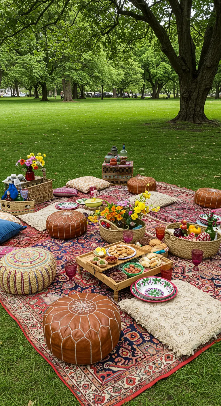 Pique-nique bohème sur un grand tapis oriental avec des poufs en cuir.