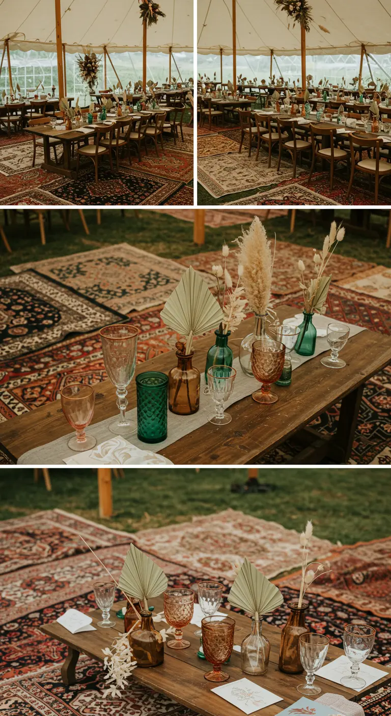 Table basse de style bohème avec des vases colorés et des fleurs séchées.