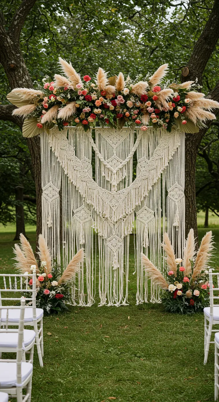 Un grand macramé et des fleurs suspendus au tronc d'un gros arbre.