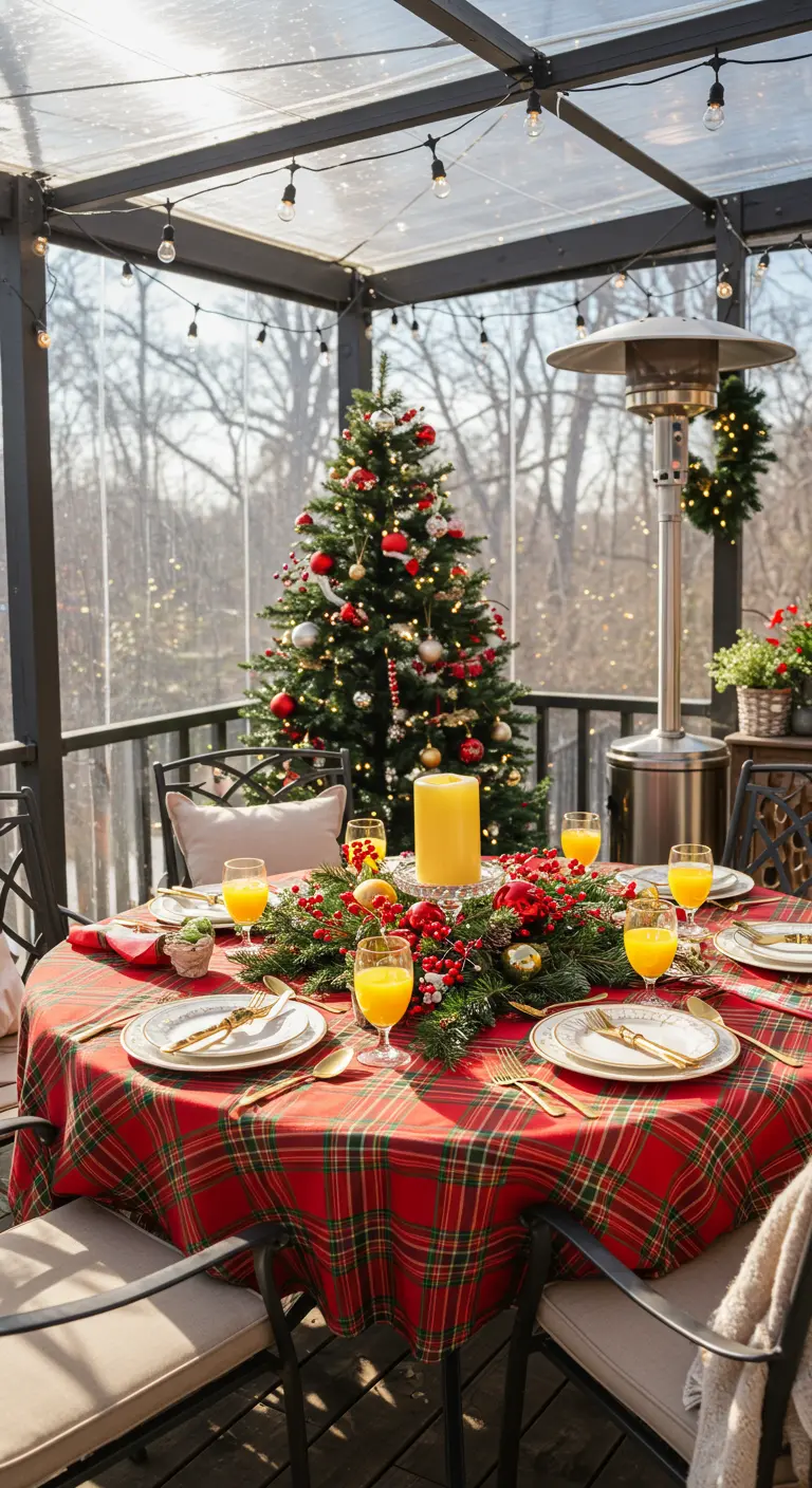 Table ronde avec nappe tartan, couronne de sapin, bougie jaune, pour un brunch extérieur de Noël.
