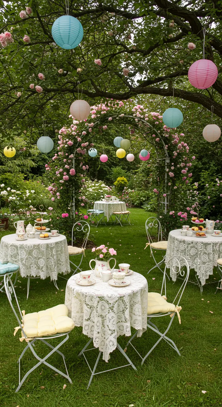Tables de thé avec nappes en dentelle dans un jardin fleuri, sous des lampions en papier colorés.