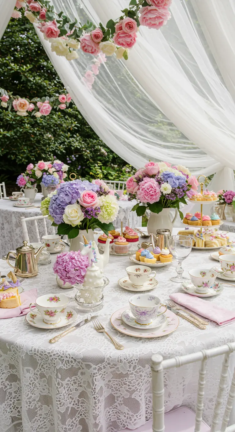 Table de tea party élégante en extérieur avec nappe en dentelle, vaisselle vintage et fleurs.