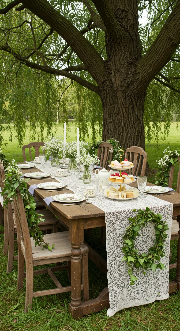 Table en bois rustique sous un arbre, avec un chemin de table en dentelle et du lierre.
