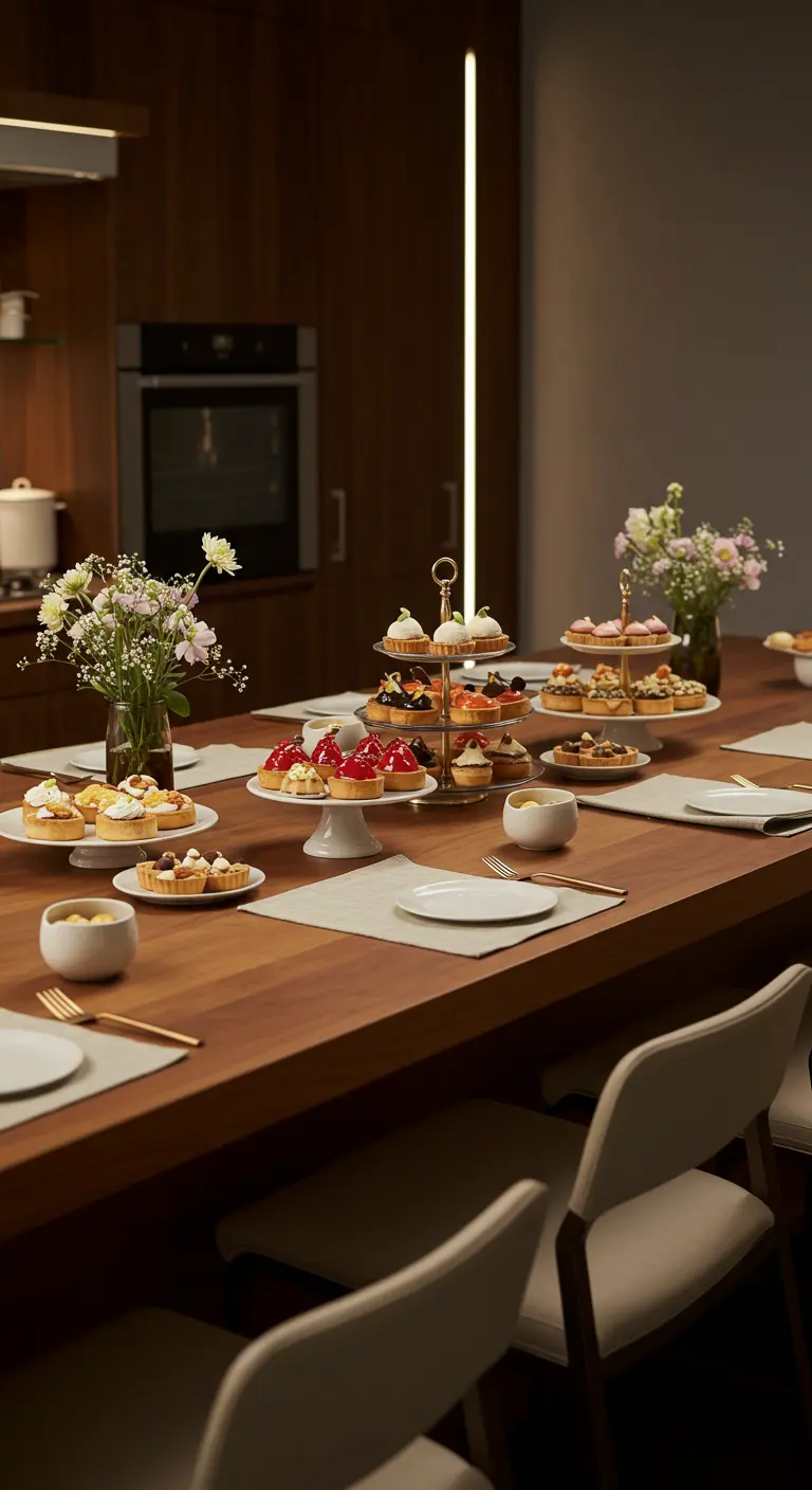 Table en bois avec présentoirs à gâteaux, pâtisseries et petits bouquets de fleurs fraîches.