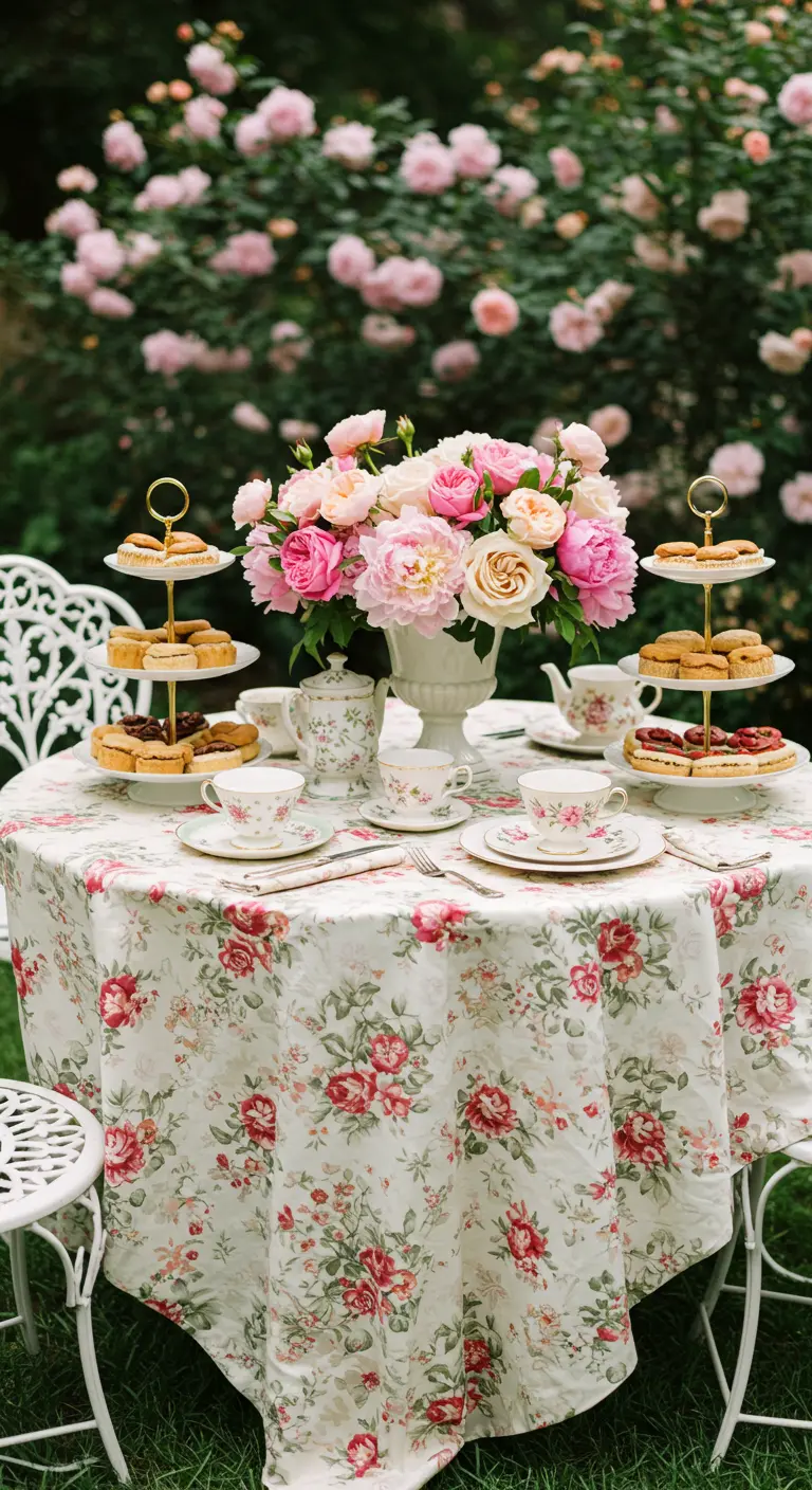 Table de thé dans un jardin, avec nappe fleurie, bouquet de roses et présentoirs à gâteaux.