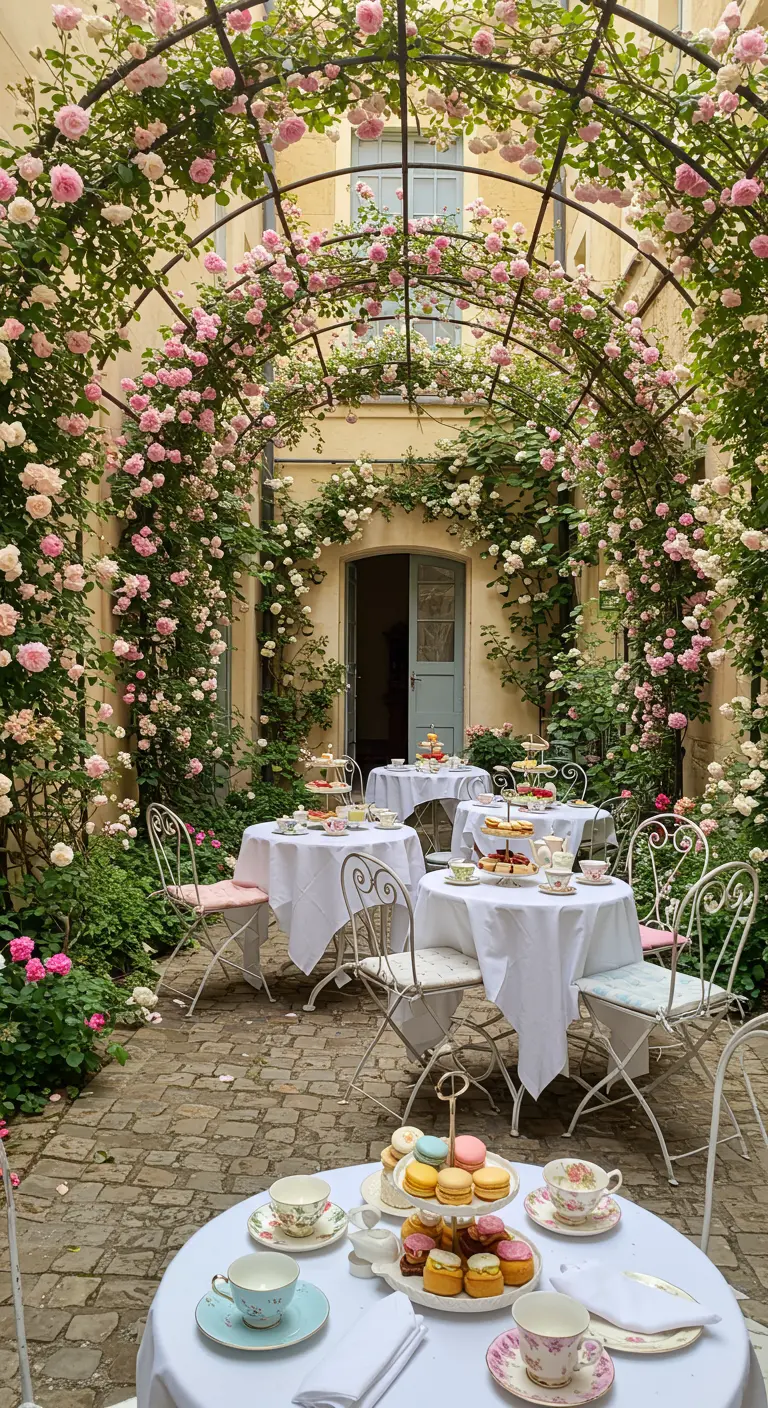 Cour intérieure parisienne avec des tables de bistrot sous des arches de rosiers roses.