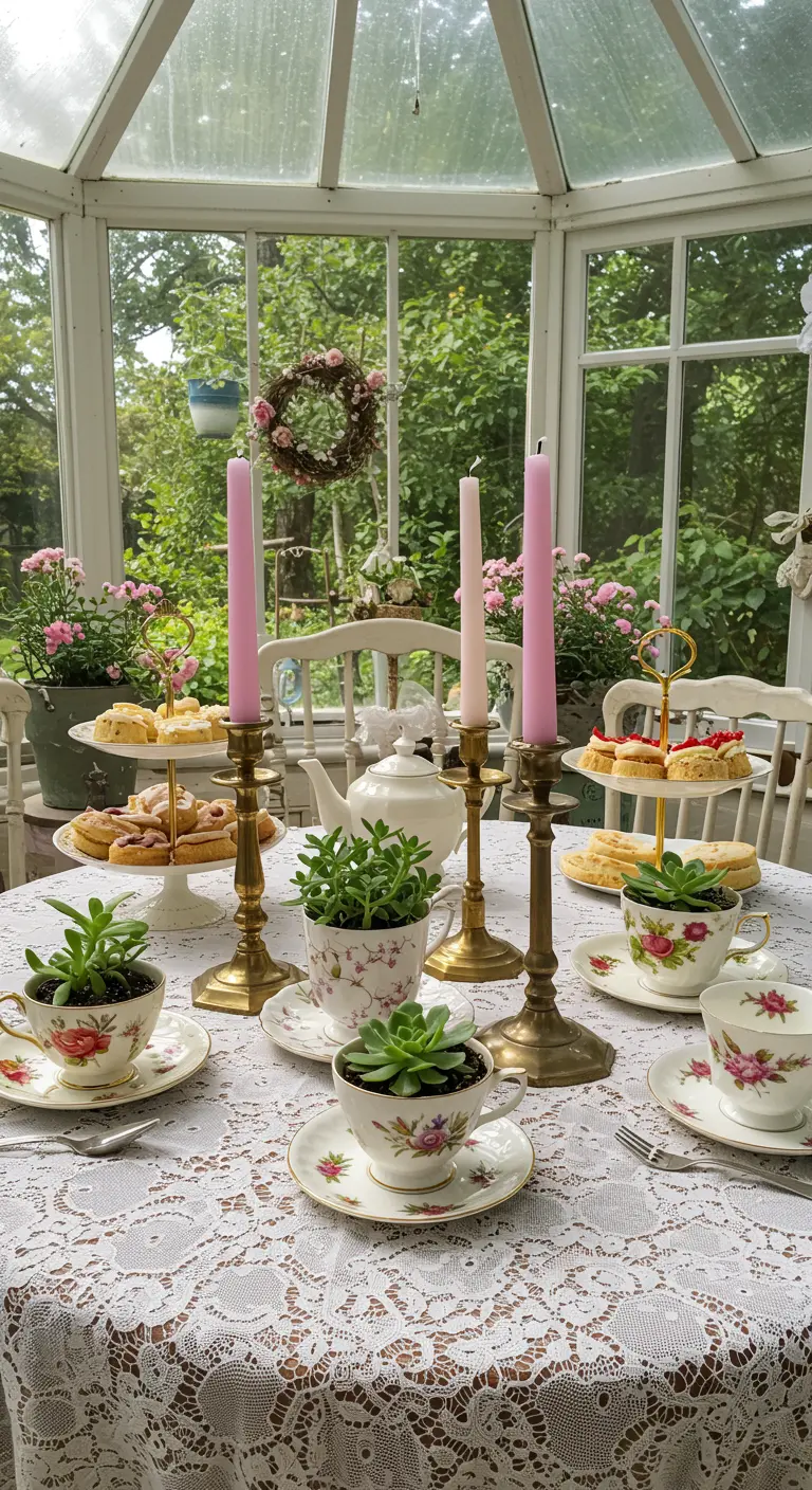 Table de thé vintage avec des succulentes plantées dans des tasses et des bougies roses.