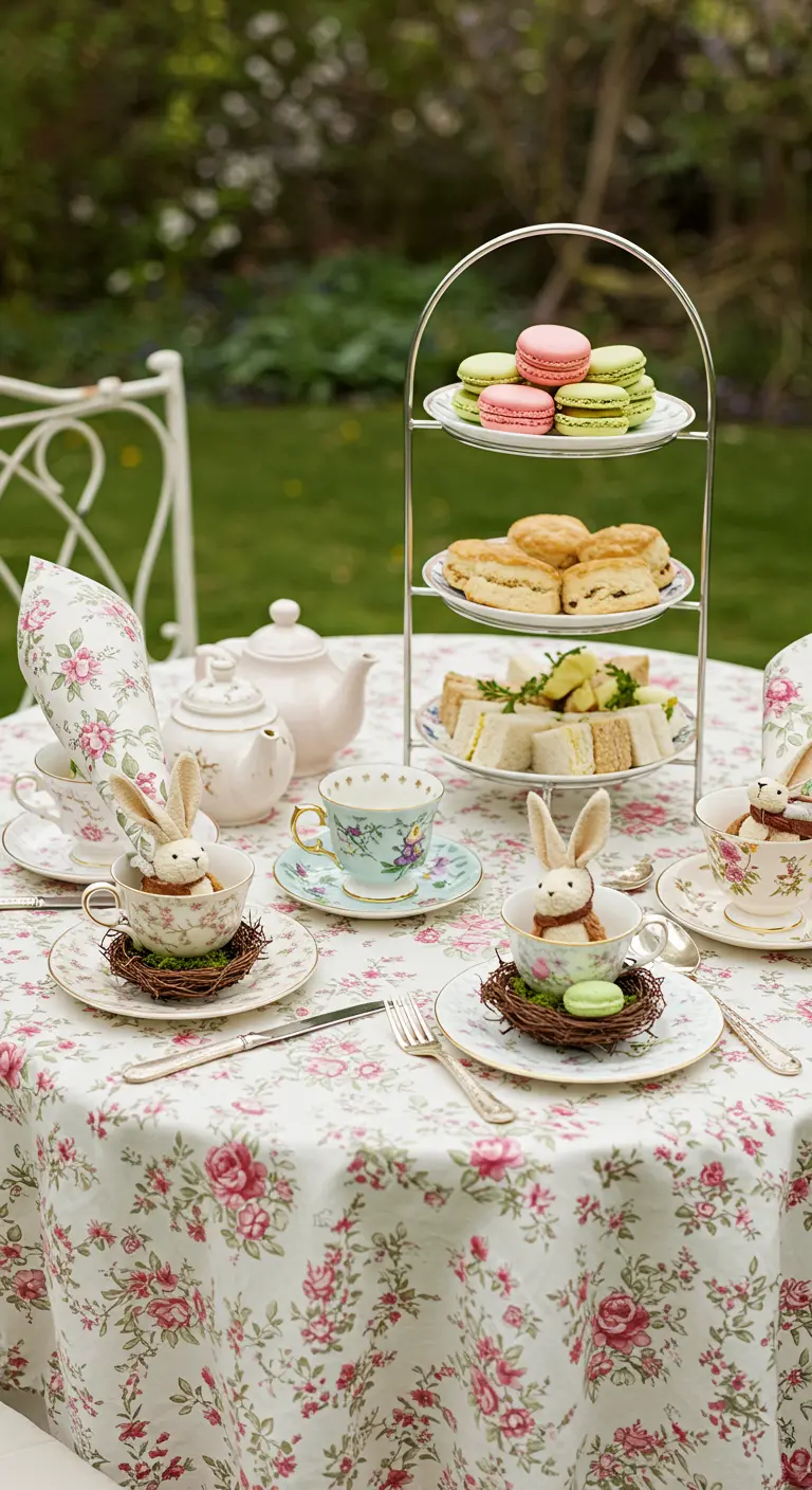 Tea time de Pâques dans un jardin avec vaisselle fleurie et présentoir à gâteaux.