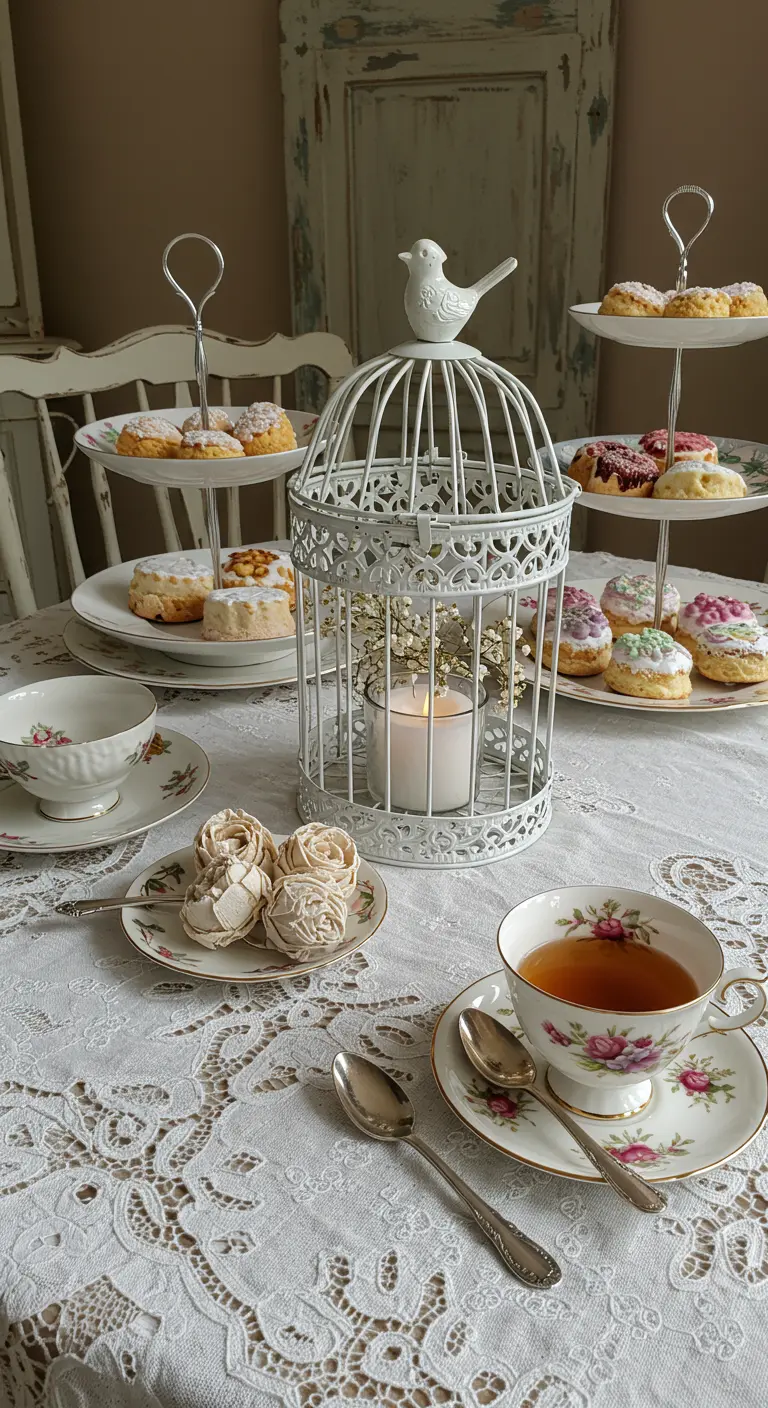 Cage à oiseaux blanche décorative servant de lanterne pour un goûter vintage.