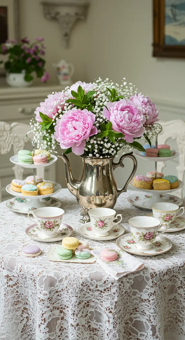 Bouquet de pivoines roses dans une théière en argent, entouré de macarons et de tasses vintage.