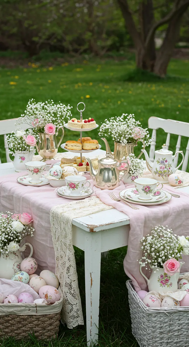 Table de thé de Pâques de style vintage dans un jardin, avec de la vaisselle florale et de la dentelle.