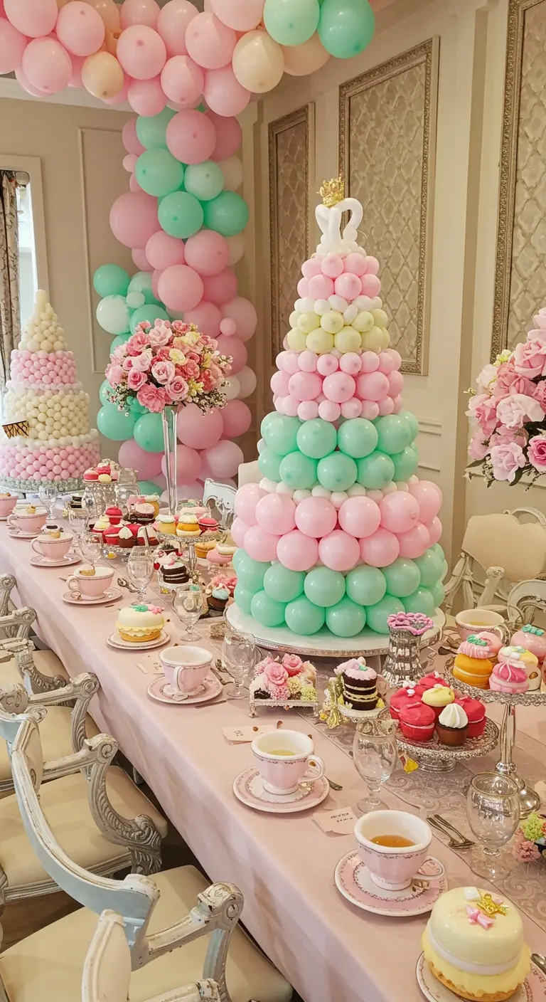 Une table de goûter d'anniversaire avec une pièce montée en ballons pastel.