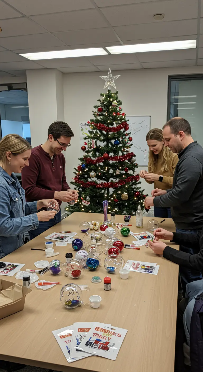 Collègues de bureau décorant ensemble des boules de Noël.
