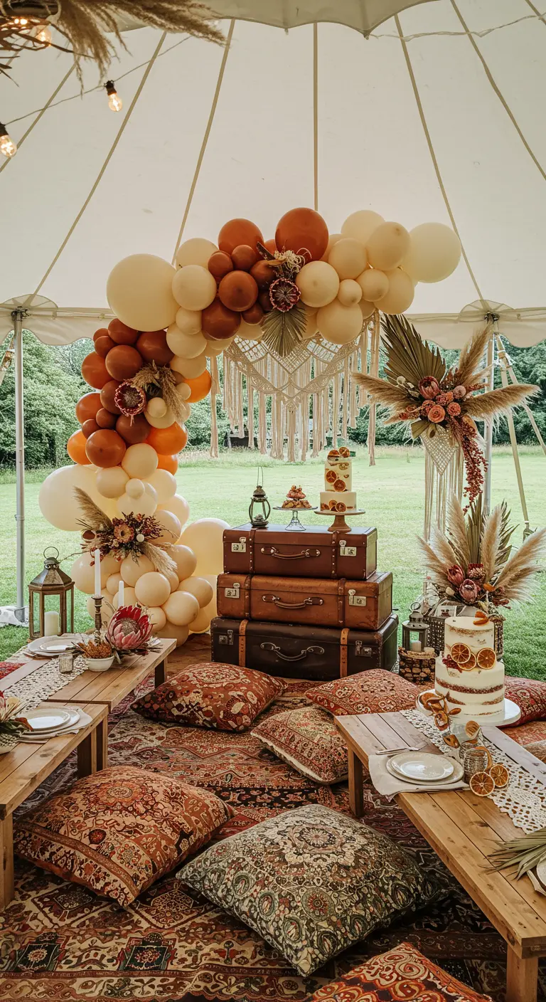 Fête sous tente bohème avec arche de ballons orangés, macramé et coussins imprimés.