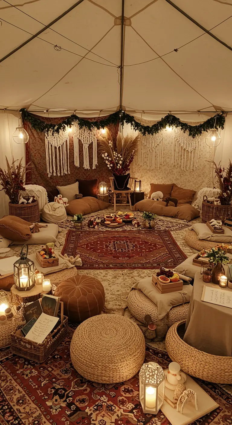 Intérieur de tente décoré avec tapis, coussins, macramé et lanternes pour une fête.