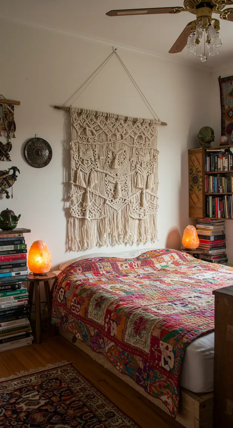 Grande tenture en macramé suspendue à une branche de bois flotté au-dessus d'un lit coloré.