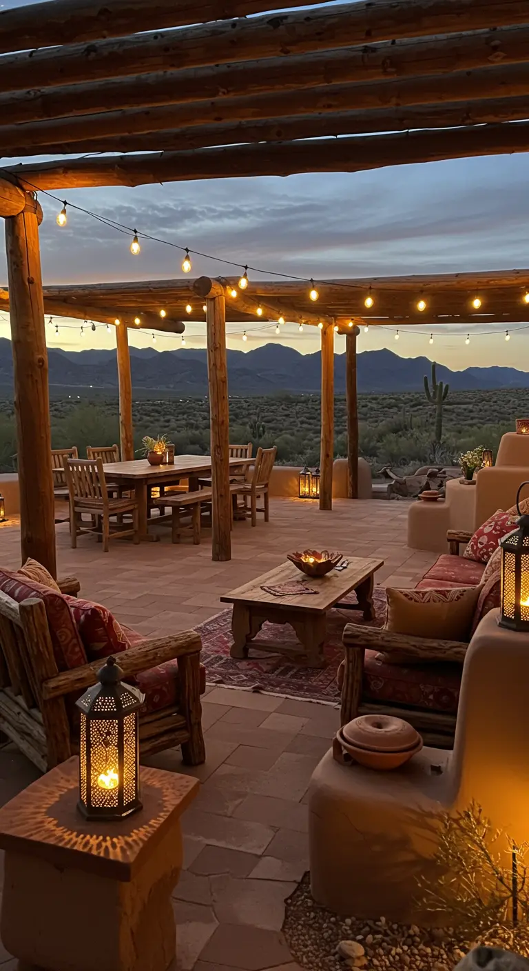 Grande terrasse aux tons terreux avec pergola, guirlandes, lanternes marocaines, mobilier en bois rustique.