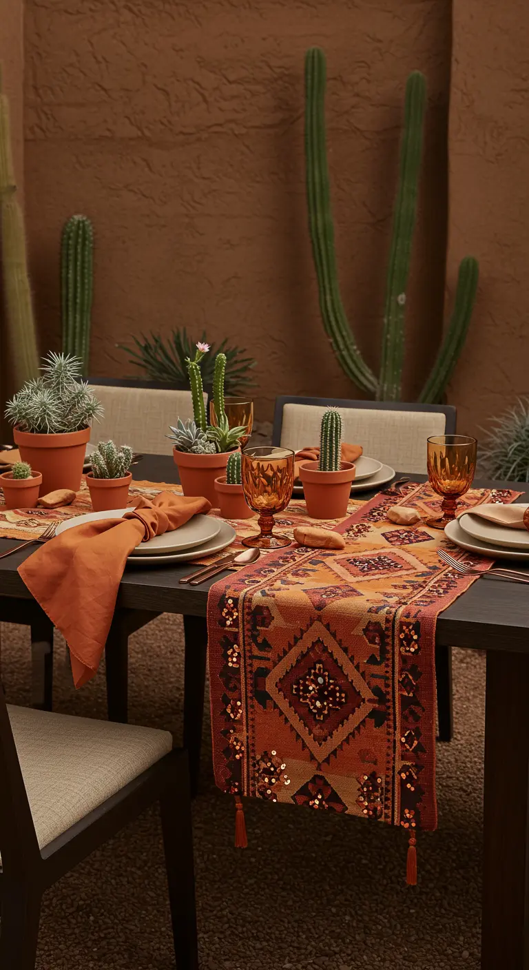 Table d'inspiration désertique avec chemin de table à motifs navajos et des cactus en pots.