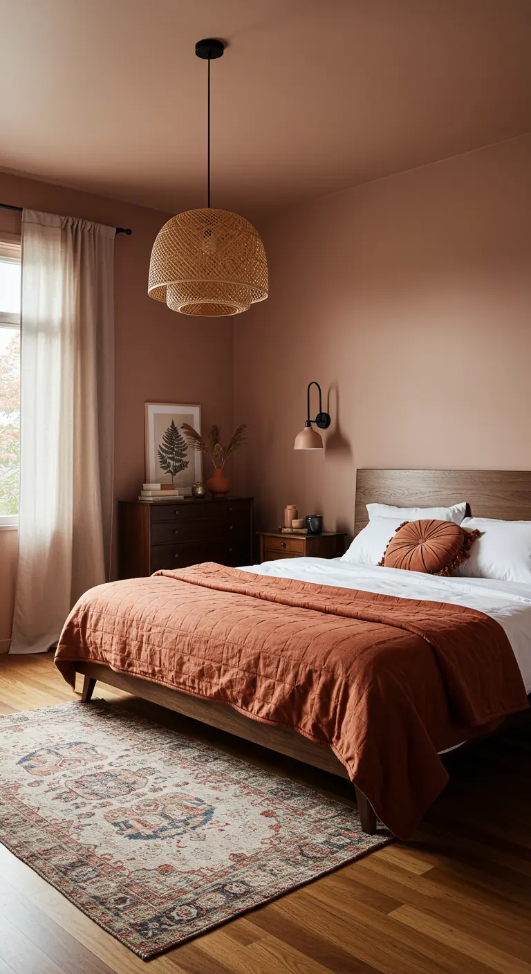 Chambre avec des murs couleur terracotta rosé, un lit en bois et du linge de lit rouille.