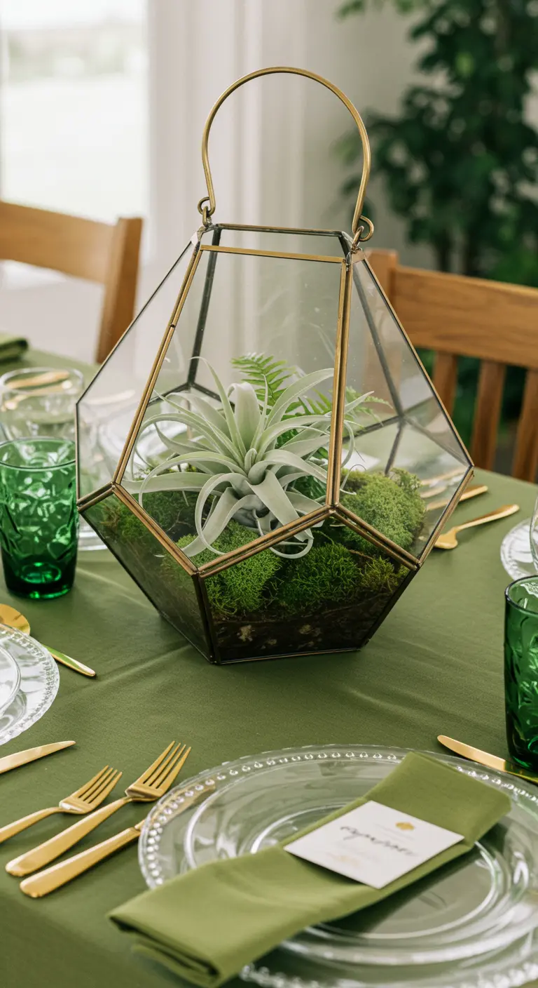 Lanterne-terrarium géométrique avec des plantes aériennes et de la mousse sur une nappe verte.